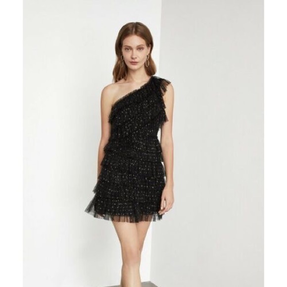 BCBGMaxAzria One Shoulder Metallic Lace Party Dress Black Golden - Picture 6 of 11